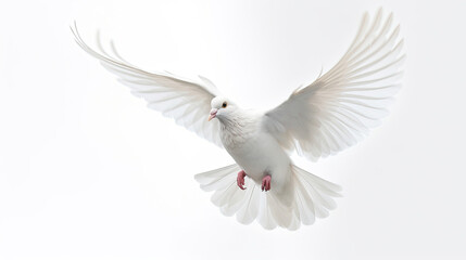 Fototapeta premium A white dove flying isolated on a white background. Generative Ai