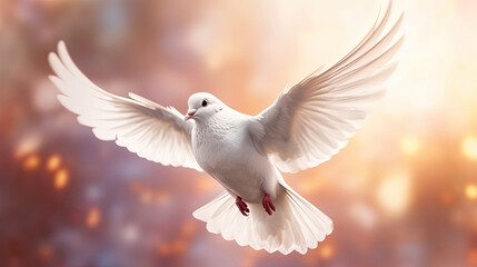 A white dove on bright light shines from heaven background. Symbol of love and peace descends from sky. Generative Ai