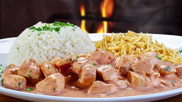 Chicken stroganoff with straw potatoes and rice