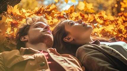a young couple lying in the fall leaves, looking up at each other people's eyes with their eyes closed