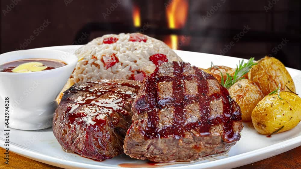 Wall mural grilled steak with potatoes, rice and bbq sauce