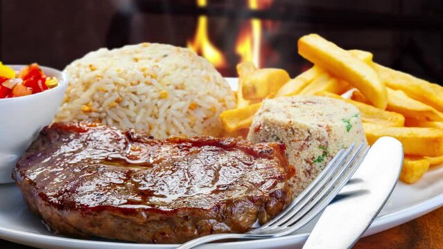 Picanha steak, french fries, rice and vinaigrette