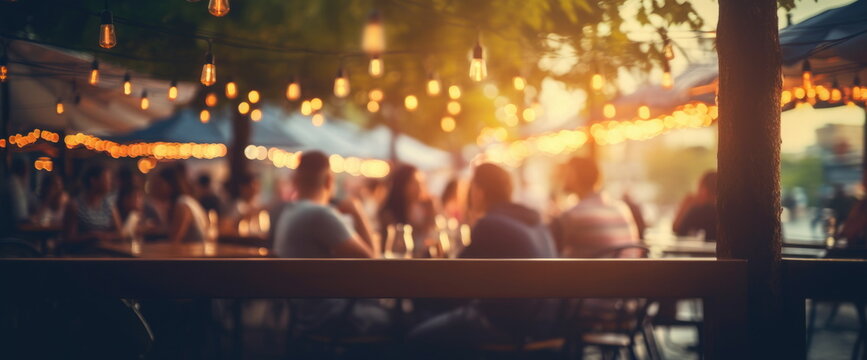 Quiet good time with friends, eating out , moderate weather. Blurred background
