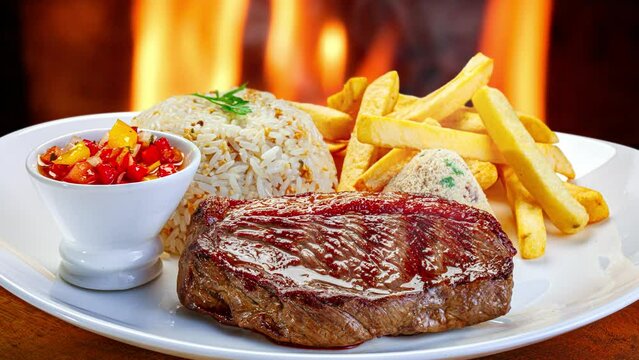 grilled steak with potatoes, rice, farofa