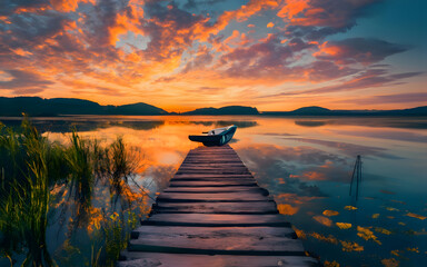 Autumn Lake Sunset with Boat and Dock
