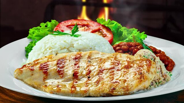 Rice beans grilled chicken steak salad, farofa