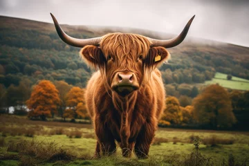 Poster de jardin Highlander écossais A highland cow scotland in a green field