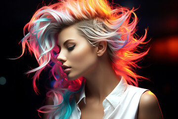 Obraz na płótnie Canvas Portrait of a beautiful girl with rainbow neon asymmetric hair style on black background. Generative AI