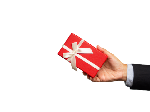 Hand holding of a red gift box against a transparent background.