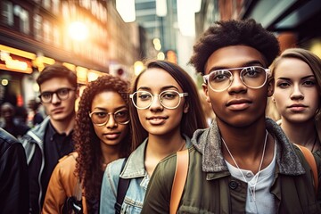 group of young people wearing glasses and looking at the camera in an urban city street during sunset or sunrise stock photo