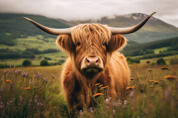A highland cow scotland in a green field - obrazy, fototapety, plakaty