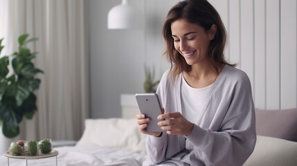 morning casual easy cosy comfort woman using smartphone social media online wireless technology connecting woman sit on sofa in living room at home