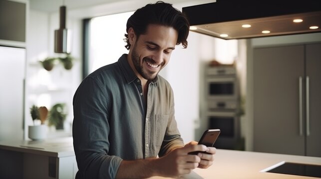 cheerful relax male man using smartphone joyful care weekend in the kitchen at home during daytime home interior background