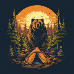 vintage retro big bear and camping tent in pine forest logo badge vector illustration