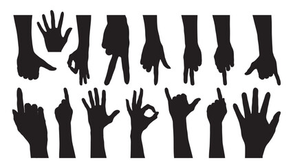 set of hand silhouette isolated on white, Vector collection of human hands of different gestures, hands gesturing black, Black hands silhouettes, vector illustration