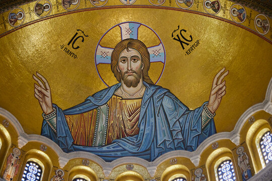 Jesus Mosaic. St. Sava Cathedral is a monumental Serbian Orthodox church building in Belgrade, built in neo-Byzantine style.