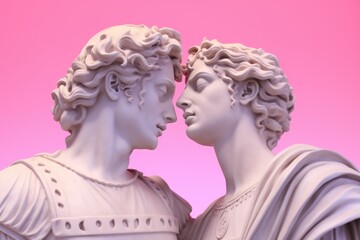 Concept of same-sex love. Two greek sculptures of apollos in a love embrace.