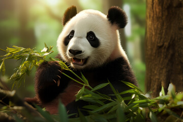 Cute baby panda eating bamboo