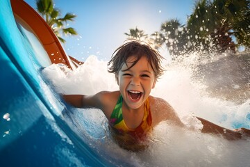 laughing happy girl in a water park, sliding down the toboggan, splashes and foam, joy from active recreation, summer, bright sun.