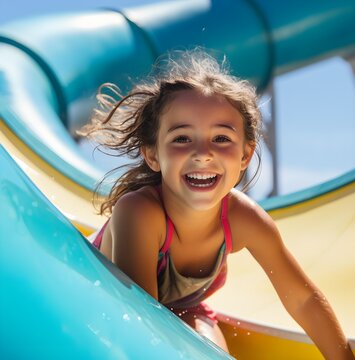laughing happy girl in a water park, sliding down the toboggan, splashes and foam, joy from active recreation, summer, bright sun.