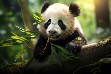 Cute baby panda eating bamboo