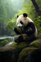 Obraz premium Cute baby panda eating bamboo