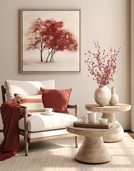 a red tree on the wall above a white chair and coffee table in a living room with beige walls, hardwood flooring