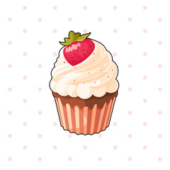 strawberry cupcakes, vanilla whipping cream, sweet bakery products, muffin, bakery desert. vector illustration cartoon kawaii design