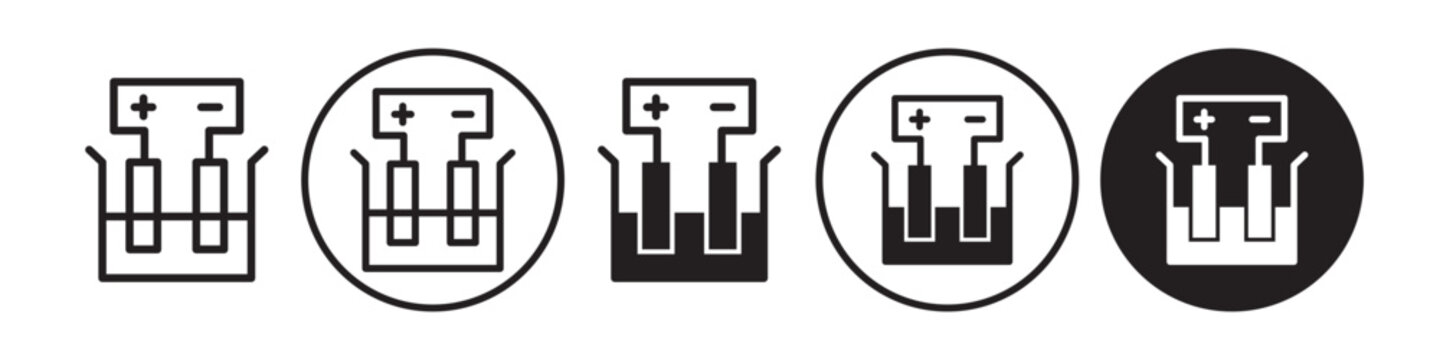 Electrolysis Icon. electrolyte anode cathode ion plate use in chemical industry to ionize particle symbol. Vector set of chromium coating electroplated. plus minus galvanization process Flat outline