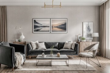 Fototapeta premium Interior mockup with picture frame on a Wall. Luxurious living room in with sofa and painting on a wall 3D render. 