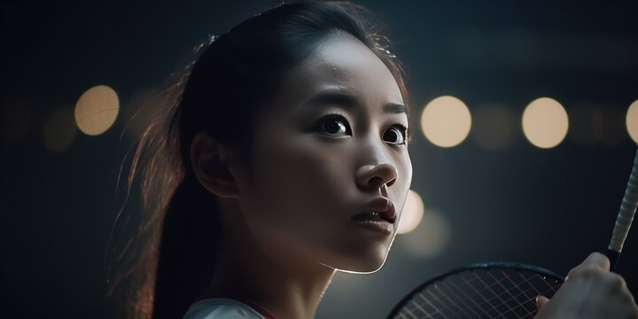 Close-up shot of beautiful woman playing tennis indoor lonely, tennis player