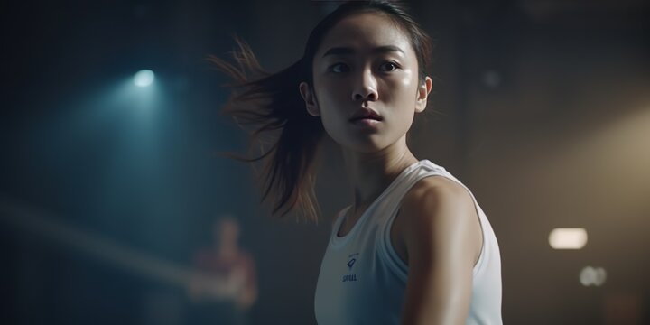 Close-up shot of beautiful woman playing tennis indoor lonely, tennis player