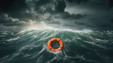 orange life belt floating in the stormy ocean, ai generated