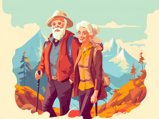 happy hiking elderly walking active trekking old grandfather couple senior. Generative AI.