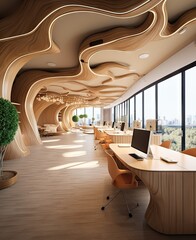 a modern office with wooden walls and ceilinging that looks like an art work space in the room is surrounded by large windows
