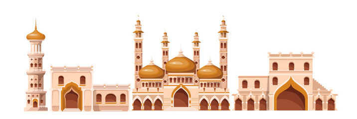 Arab city with old houses vector illustration. Cartoon isolated ancient Middle East town or village buildings, Arabian heritage fort in desert, panorama with castle and houses, Islam mosque and towers