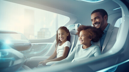 People ride in a self-driving car controlled by an artificial intelligence autopilot. Future technologies, internet of things and smart devices concept.