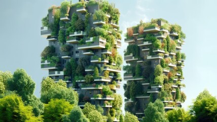 Environmental awareness city with vertical forest concept of metropolis covered with green plants. Civil architecture and natural biological life combination.Generative AI image weber.