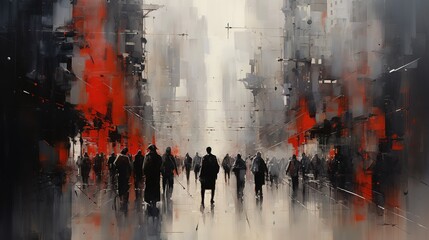 Abstract painting style, illustration of a bustling cityscape full of crowds of people