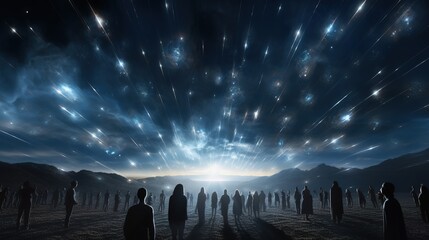 People watch the supernatural glow of fire in the dark sky - obrazy, fototapety, plakaty