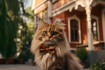 A cat with a bow tie standing in front of a house.