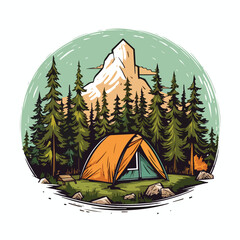 vintage retro big bear and camping tent in pine forest mountain logo badge vector illustration