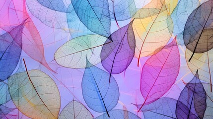 Skeletal Leaves in a Kaleidoscope of Colors. transparent silhouettes of skeleton leaves on a multi-colored background perfect for adding a touch of elegance to your projects.