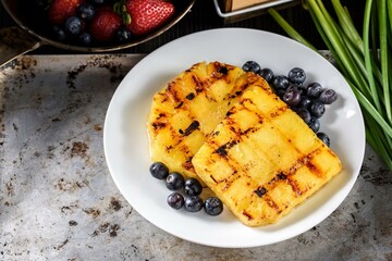 Tropical Temptation: 4K Close-Up of Delicious Grilled Pineapple with Yogurt and Strawberry