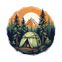 vintage retro big bear and camping tent in pine forest mountain logo badge vector illustration