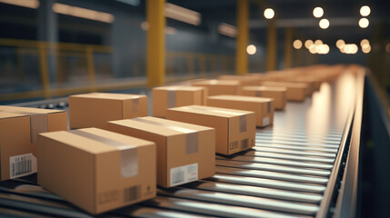 Warehouse Automation: Cardboard Boxes on Conveyor Belt, Capturing E-commerce, Delivery, and Product Fulfillment Seamlessly.