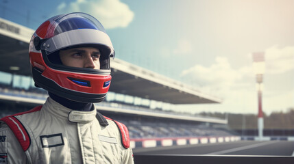 Formula One Driver: A Portrait of Victory - F1 Pilot Stands on Race Track Post-Competition, Helmet On. - obrazy, fototapety, plakaty