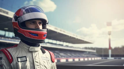 Fototapeten Formula One Driver: A Portrait of Victory - F1 Pilot Stands on Race Track Post-Competition, Helmet On. © Ai Studio