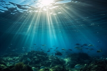 Fototapeta na wymiar Mystical Deep Blue: Stunning Underwater Beauty and Radiant Light. Ai generated.