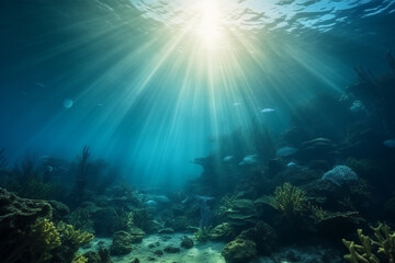 Naklejka na ściany i meble Mystical Deep Blue: Stunning Underwater Beauty and Radiant Light. Ai generated.